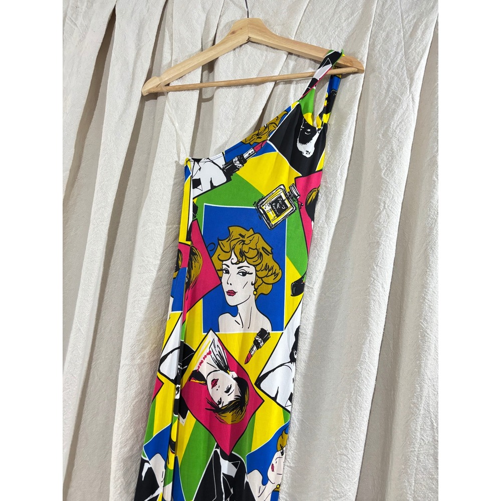 Womens One Shoulder Pop Art Graphic Comic Maxi Dress Multi Color Small NWT